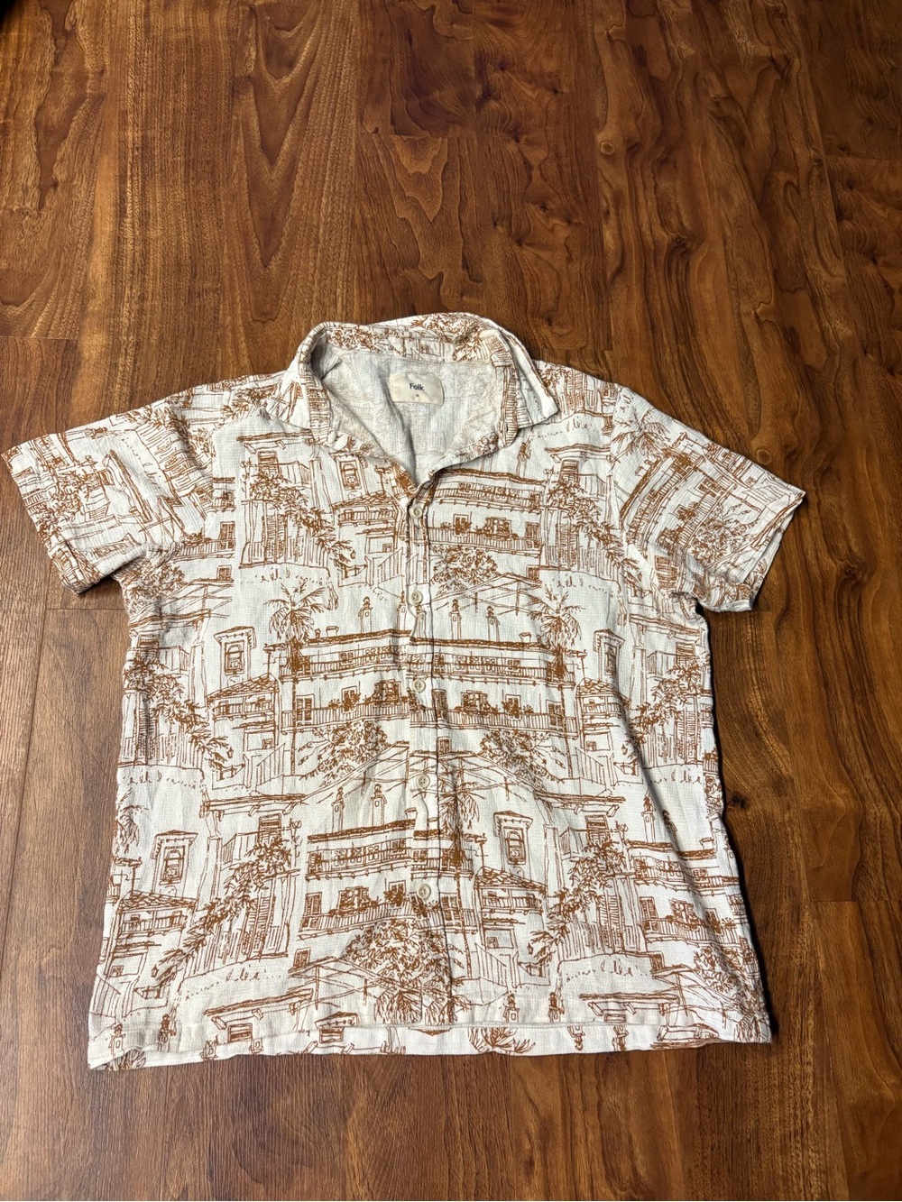 Folk Short Sleeve Button-Down Shirt in White and Brown Architectural Print